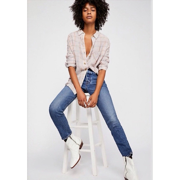 Free People Women’s Plaid Shirt Button Up Break My Stripe Long Sleeve Size Large - Picture 5 of 14